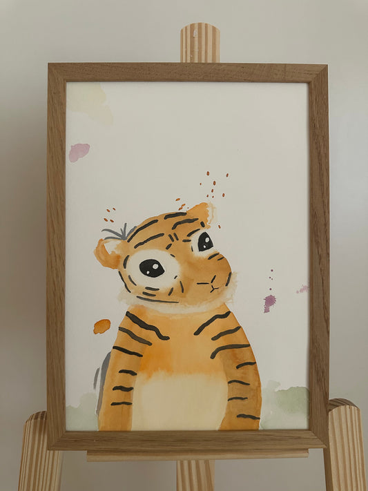 Akvarel tiger maleri – originalt og unikt værk i akvarel af en lille tiger