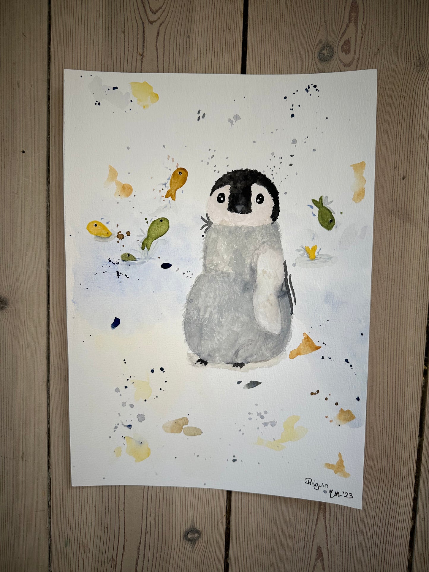 Akvarel pingvin maleri A4