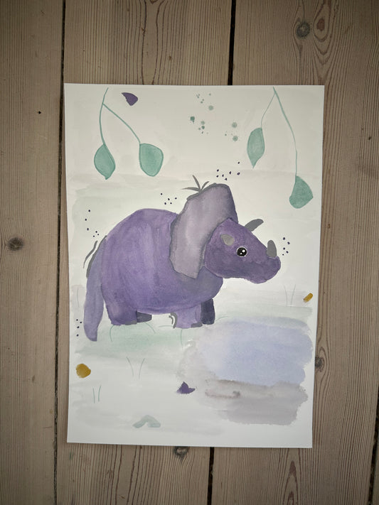 Akvarel triceratops maleri A4