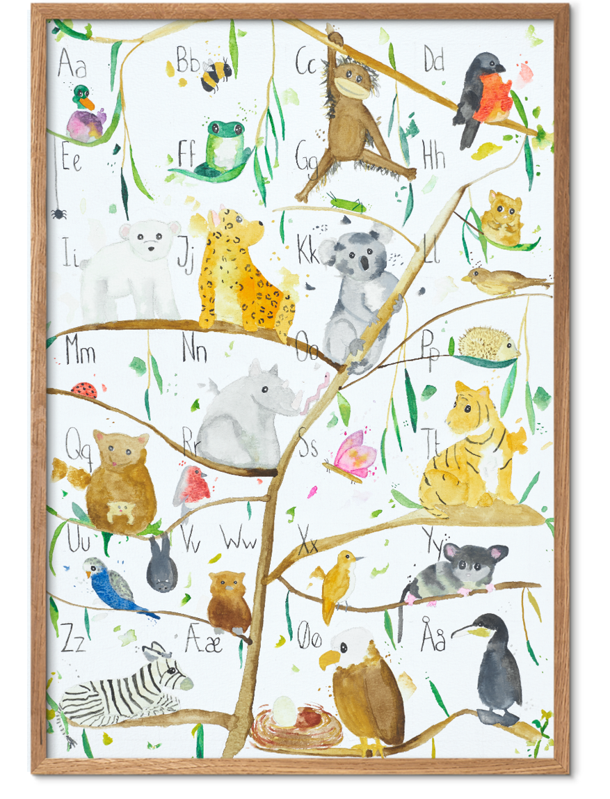 Børne ABC plakat med dyr i træ